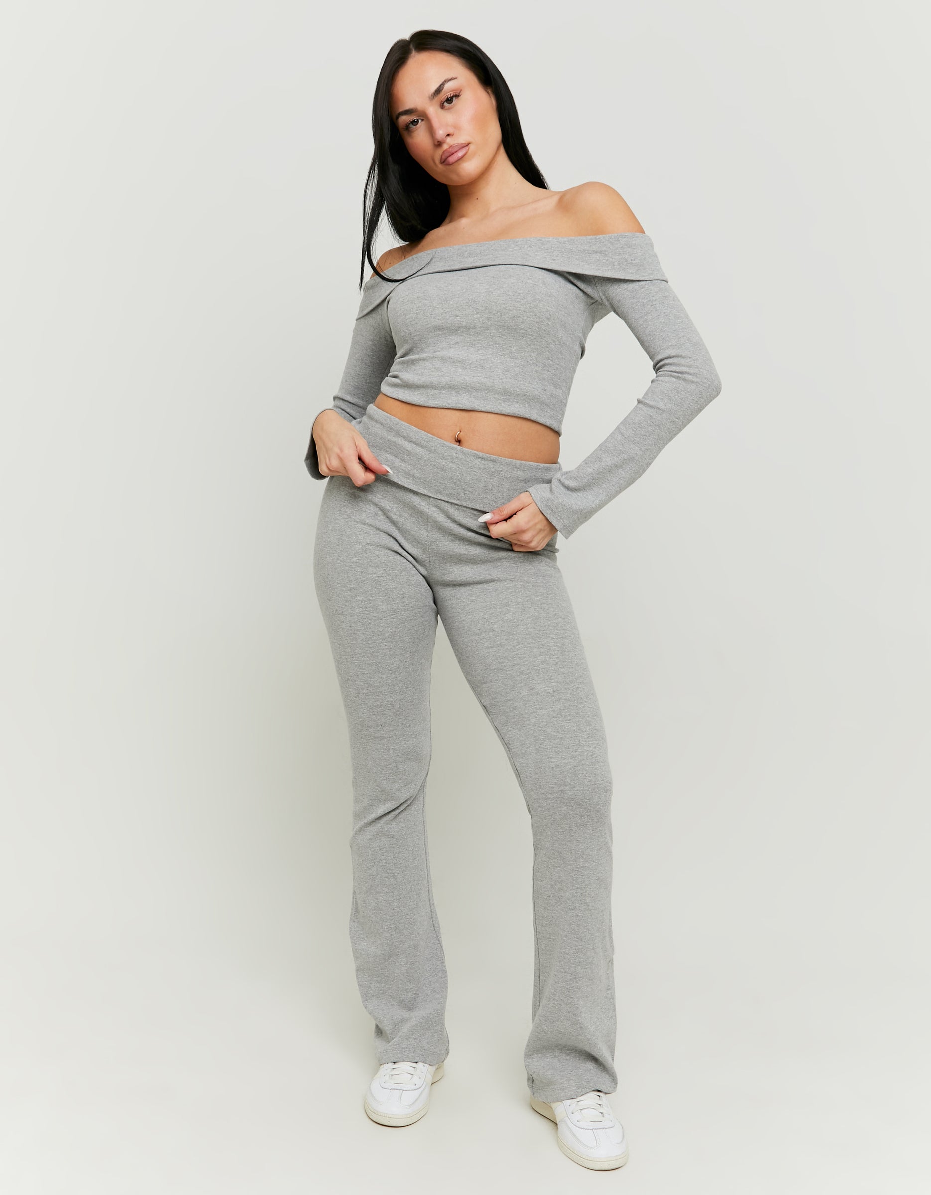 Ladies Grey Leggings With Fold Waist-Model Full Front View