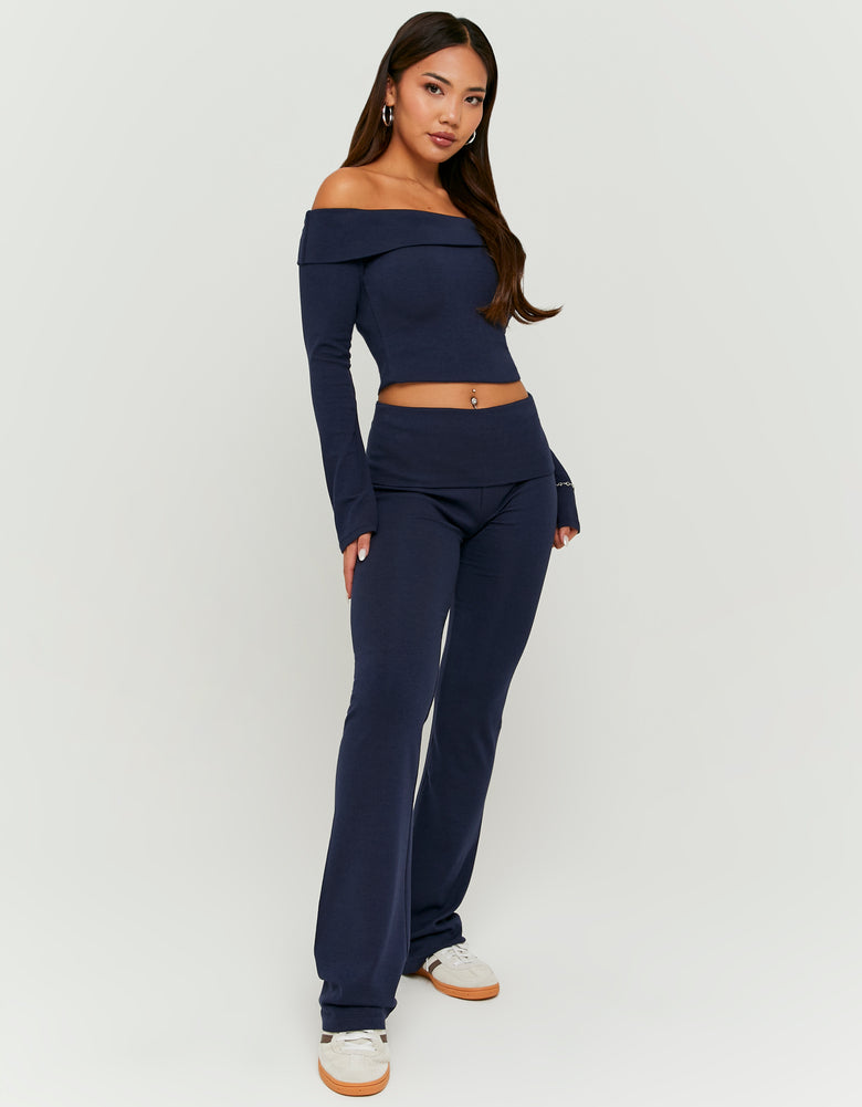 Ladies Basic Blue Cotton Trousers-Model Full Front View