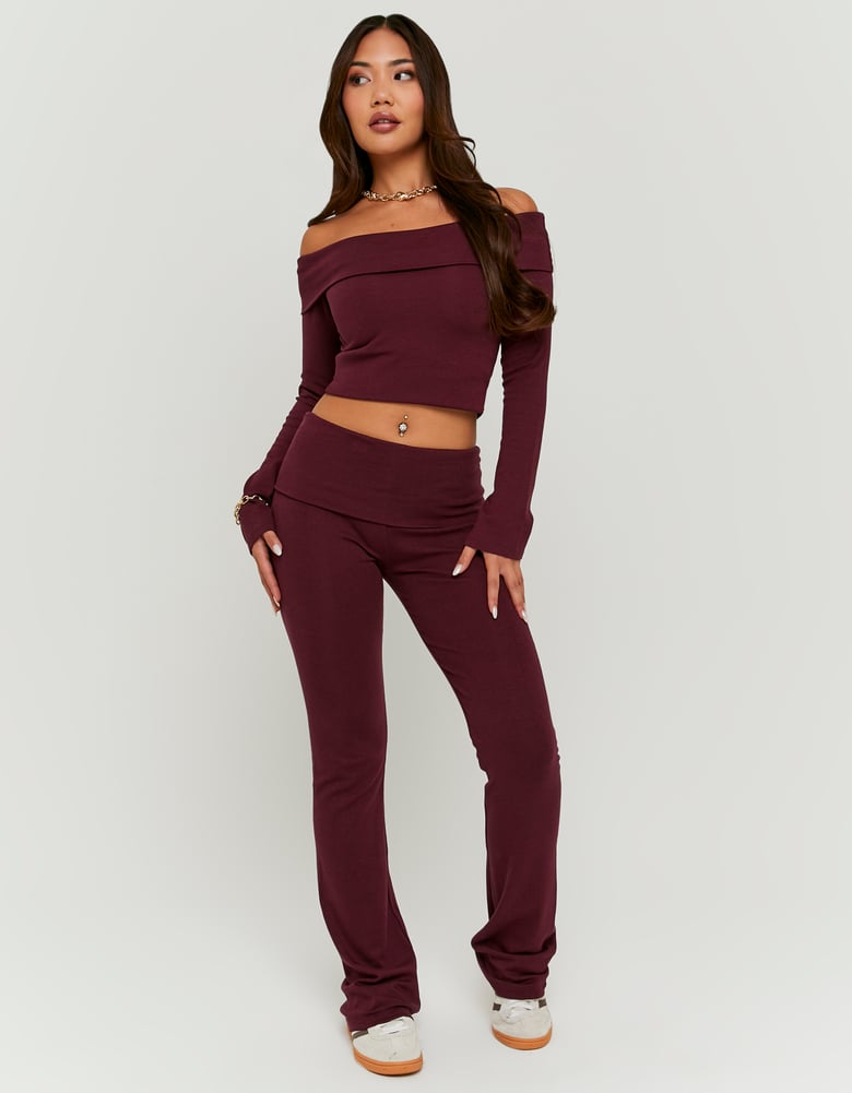 Ladies Basic Burgundy Cotton Trousers-Model Full Front View