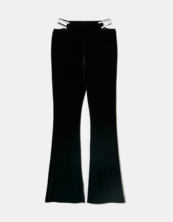 Ladies Black Velvet Cut Out Trousers-Front View