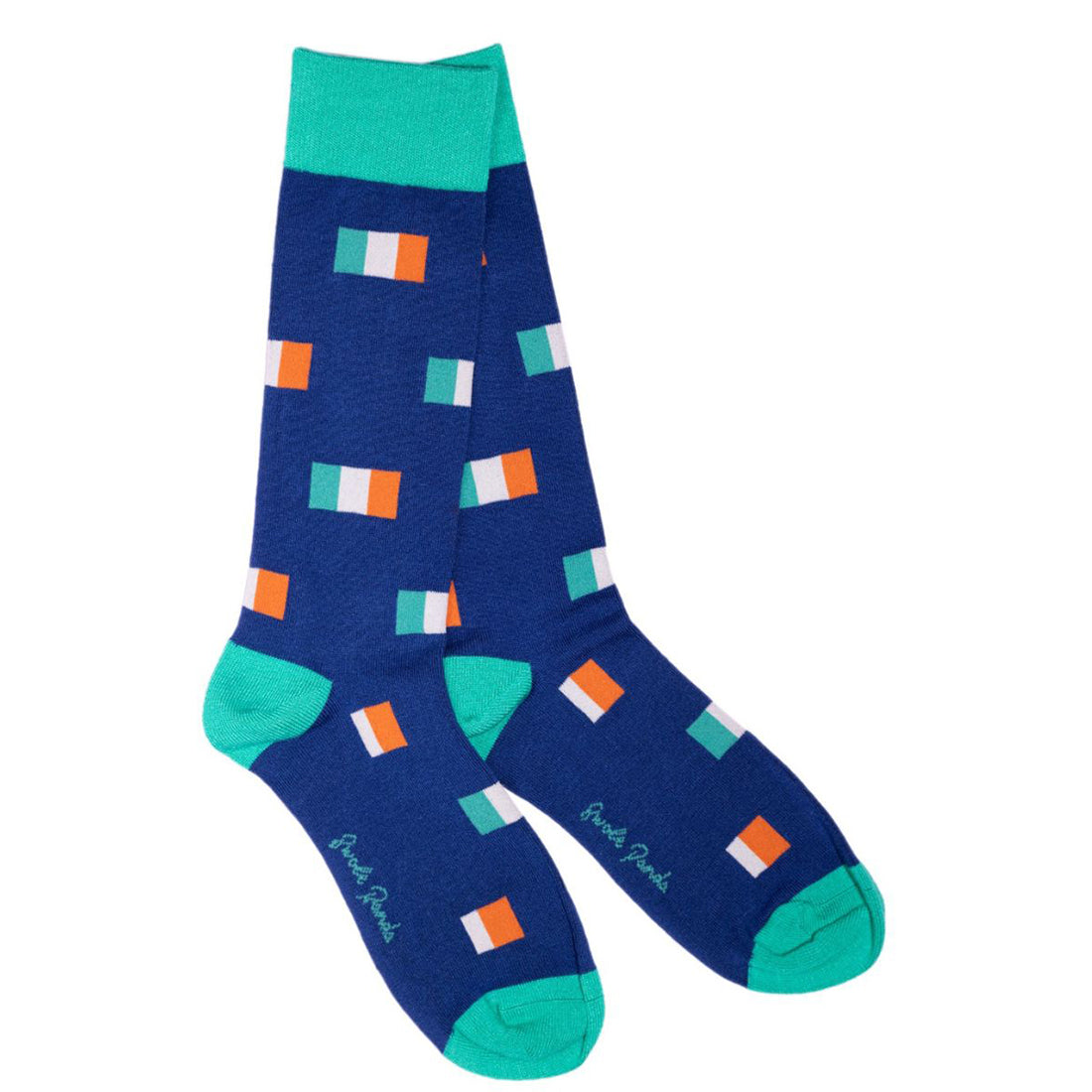 Blue socks with Irish flag pattern on a white background