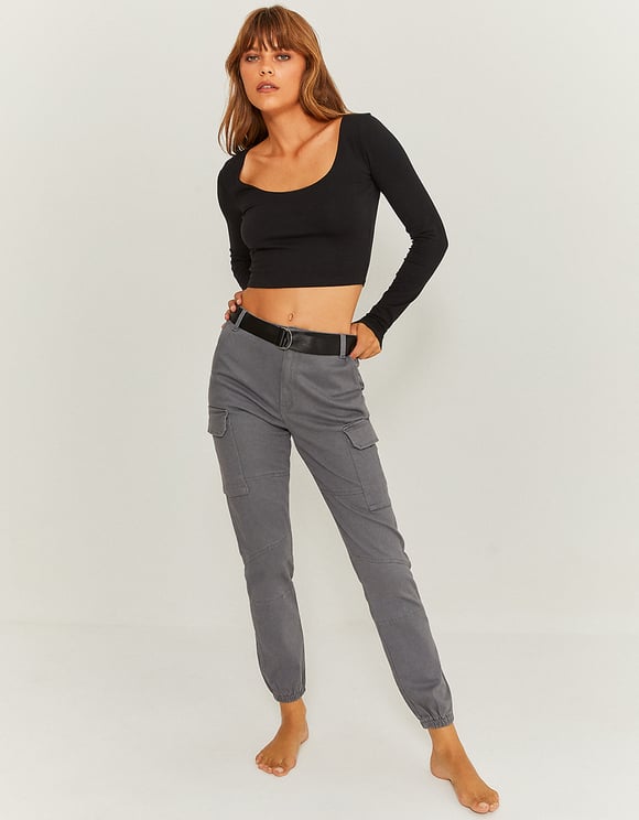 Ladies Grey Cargo Joggers-Model Full Front View