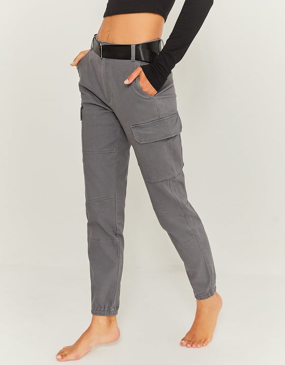 Ladies Grey Cargo Joggers-Model Side View