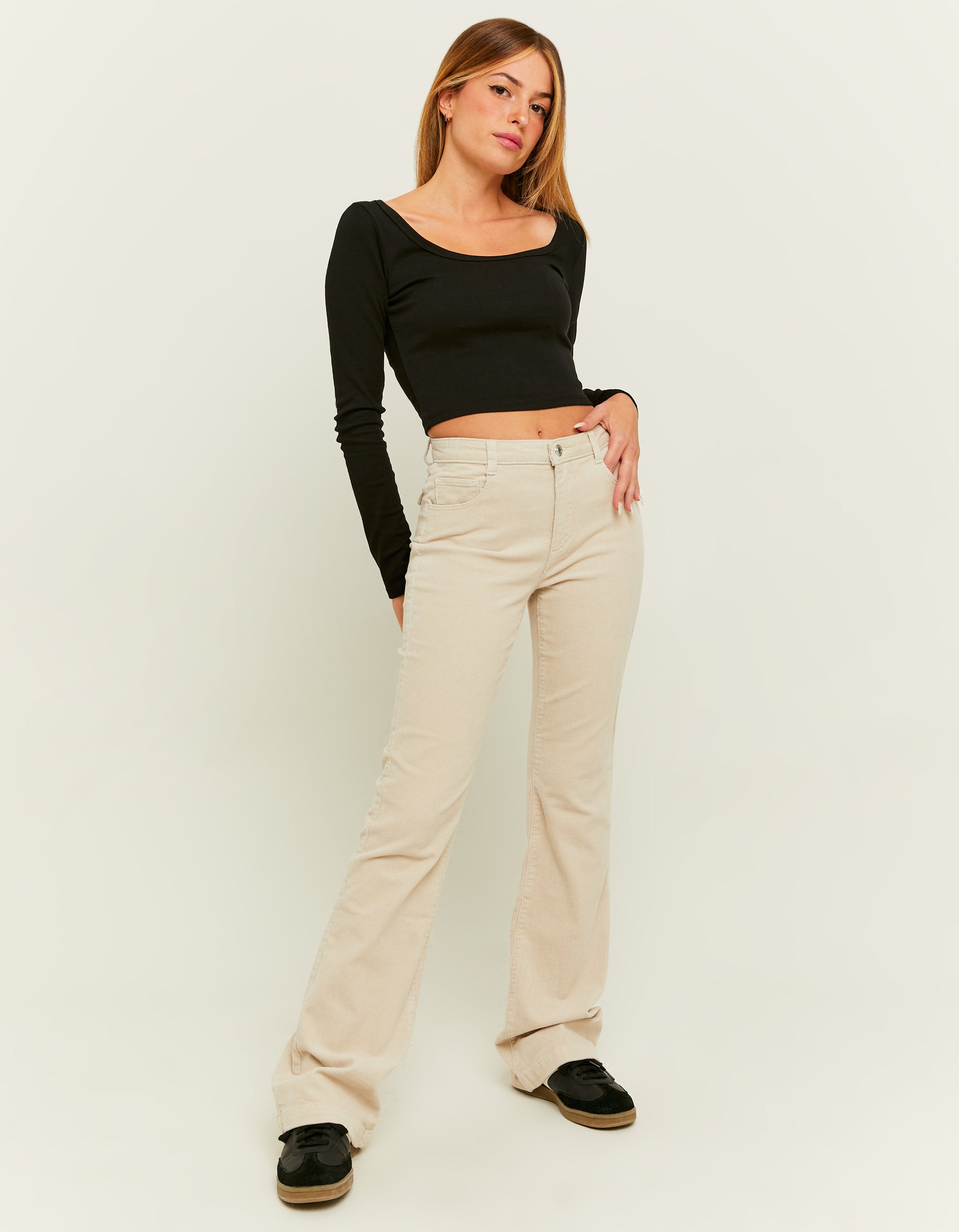 Ladies Beige Cord Bootcut Pant-Model Full Front View