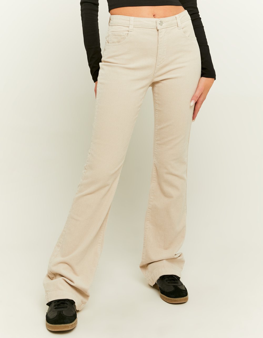 Ladies Beige Cord Bootcut Pant-Model Front View