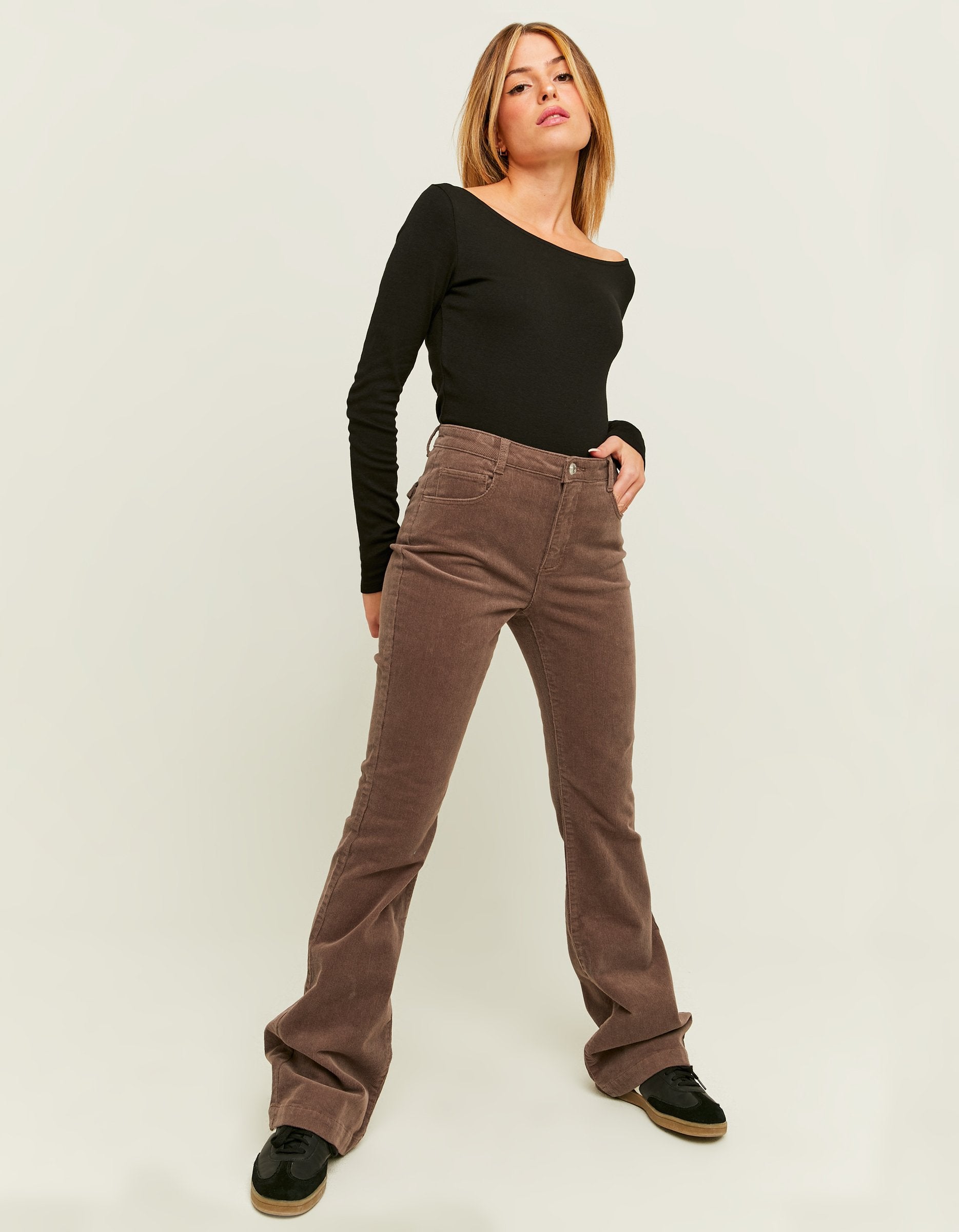 Ladies Brown Cord Bootcut Pant-Model Full Front View