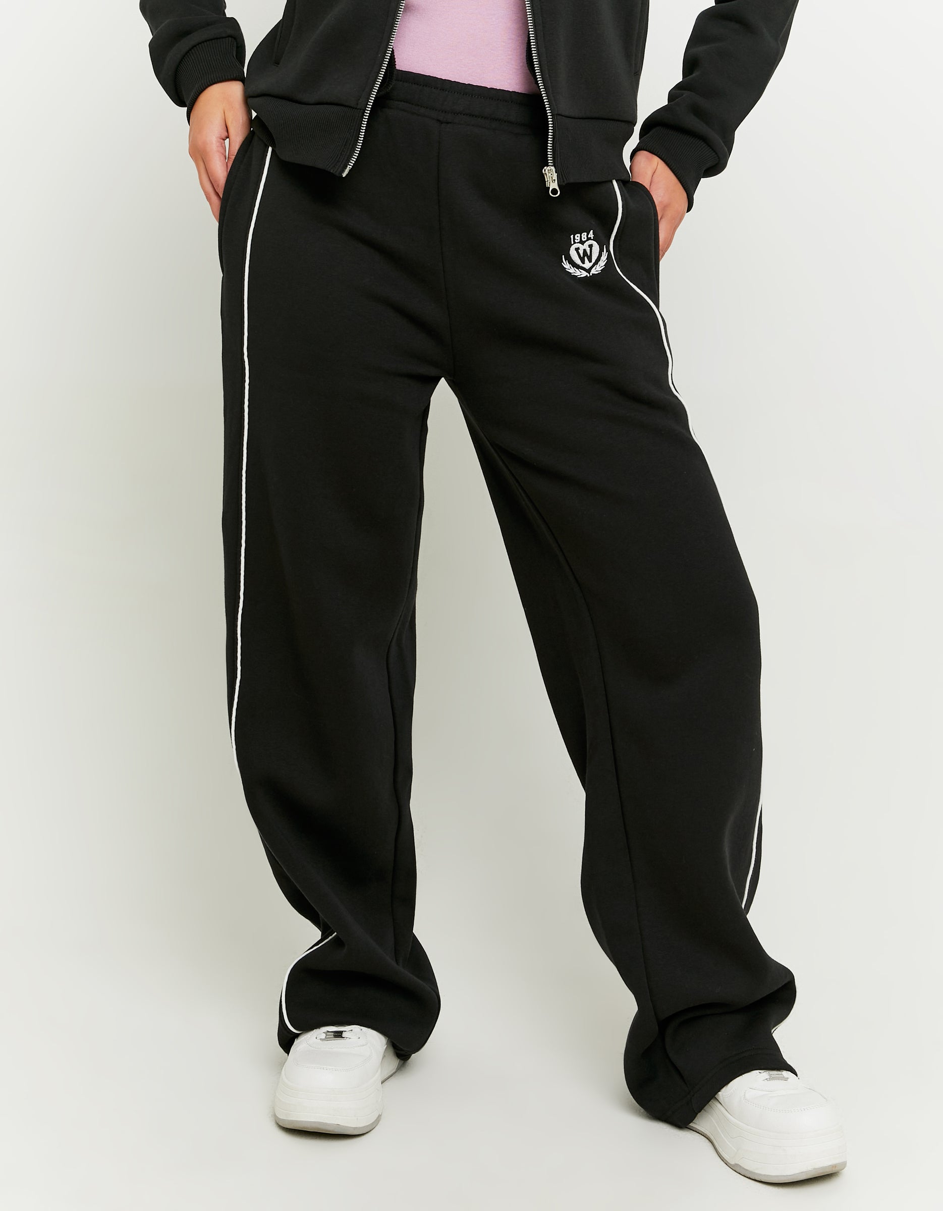 Ladies Black Joggers With Embroidery And Bands Detail-Front View