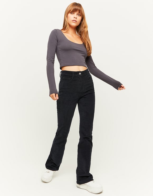 Ladies Black Corduroy Flared Trousers-Model Full Front View
