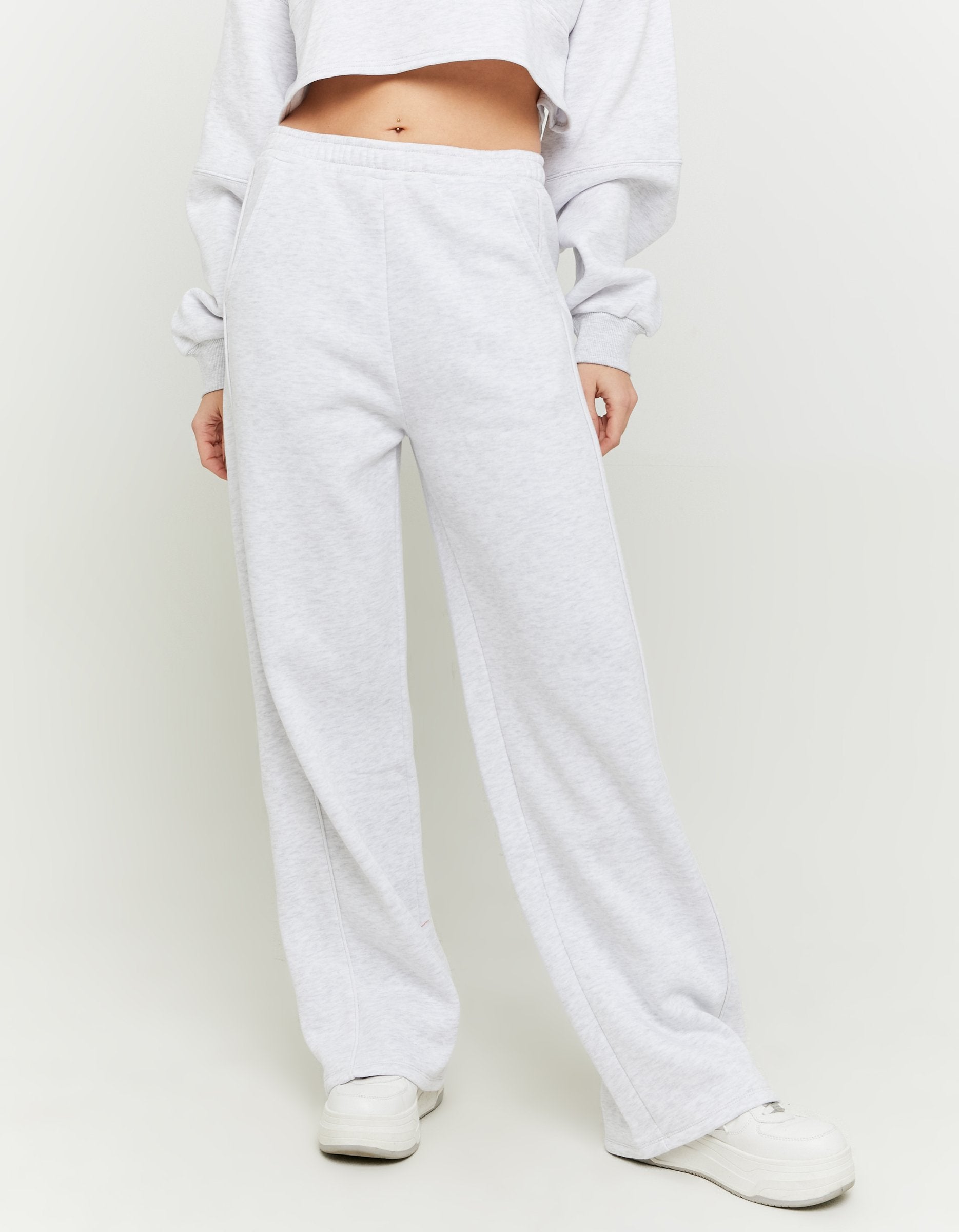 Ladies Light Grey Wide Leg Joggers-Closer View of Front