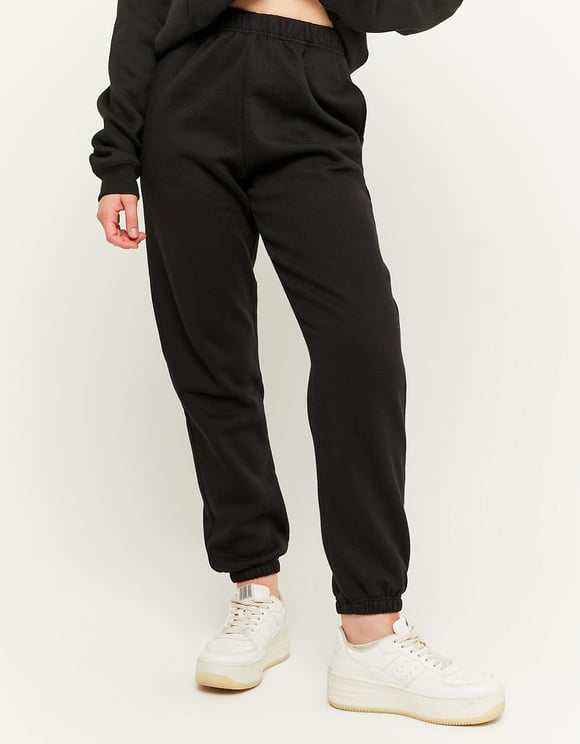 Ladies Soft High Waist Black Joggers-Model Front View