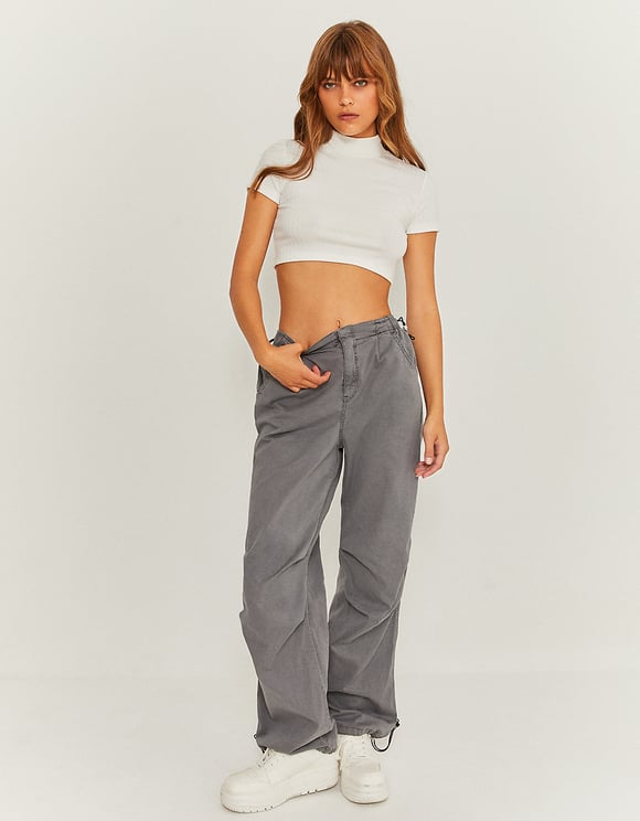 Ladies Grey Parachute Pants-Model Full Front View