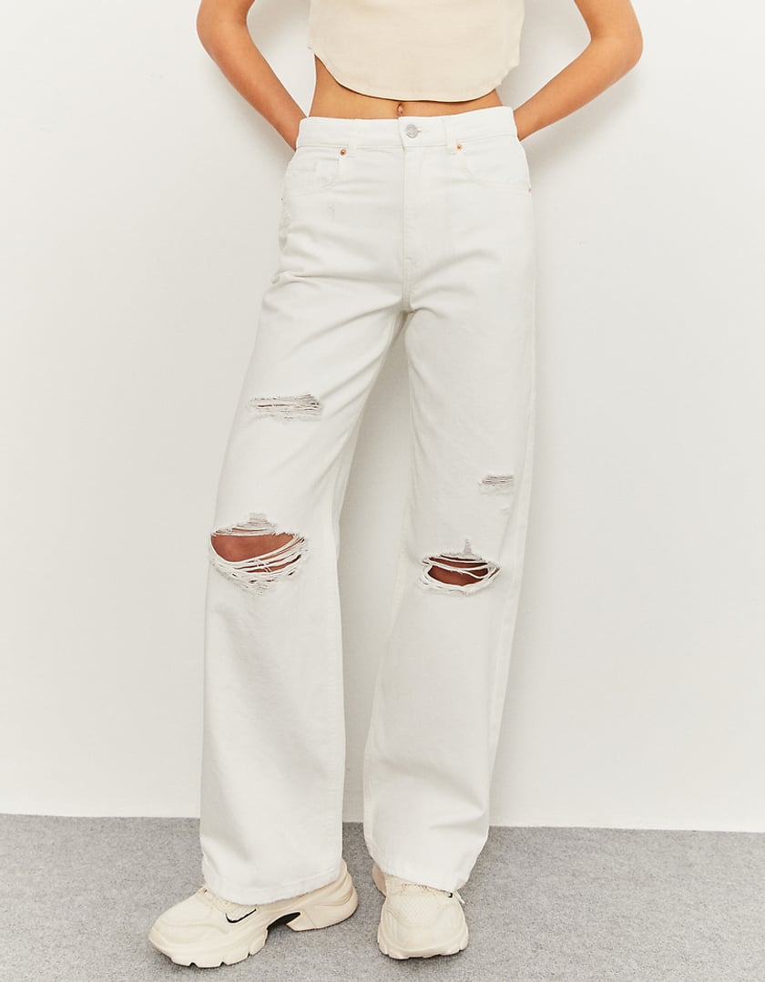 Ladies Destroyed Wide Leg Jeans-Model Front View
