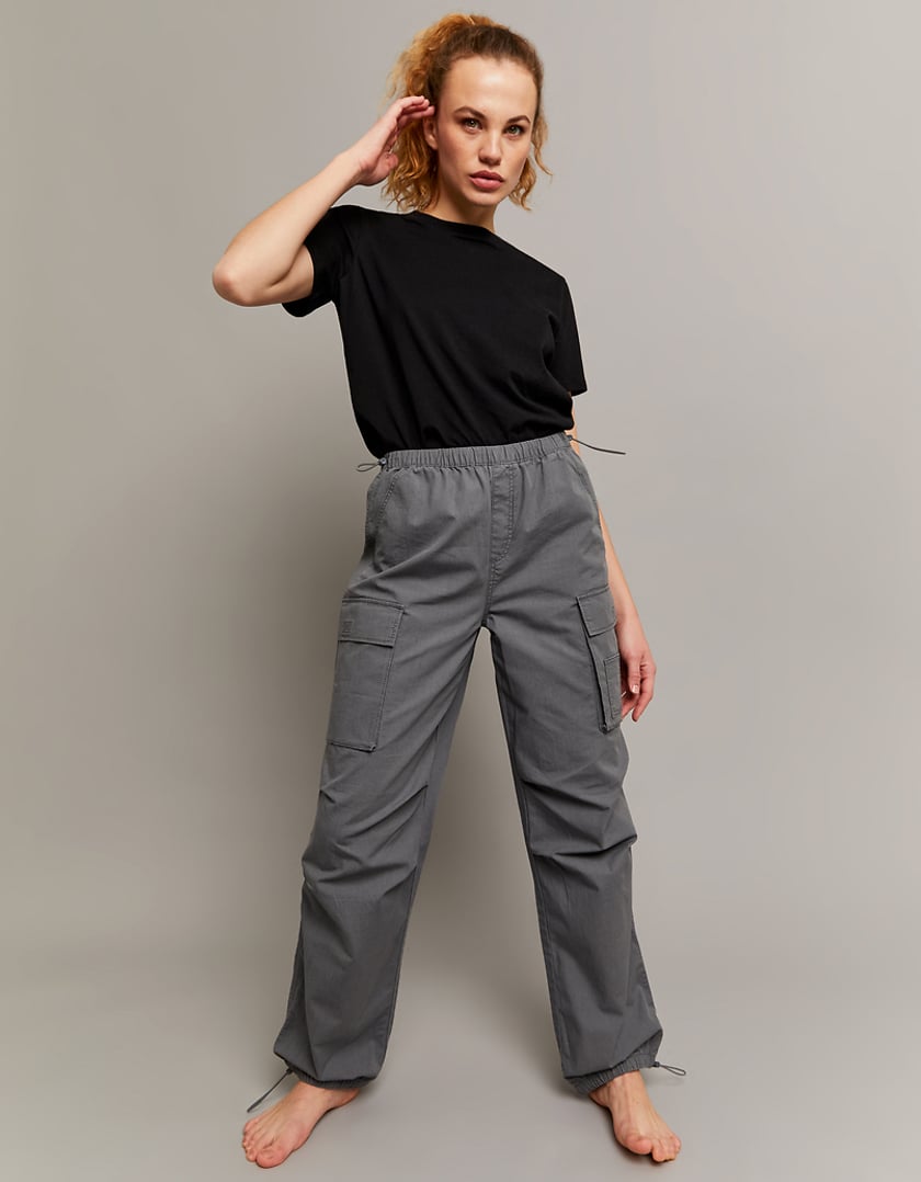 Ladies High Waist Cargo Parachute Trousers-Model Full Front View