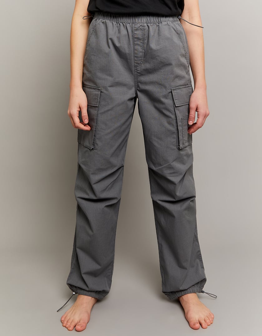 Ladies High Waist Cargo Parachute Trousers-Model Front View