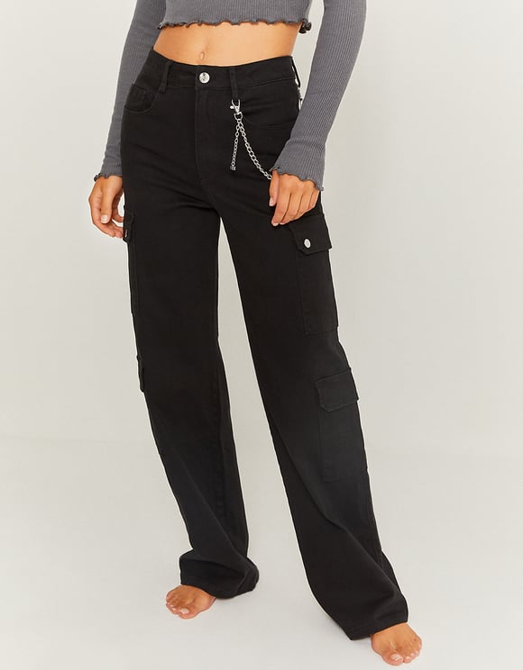 Ladies High Waist Grey Straight Leg Cargo Pants-Model Front View