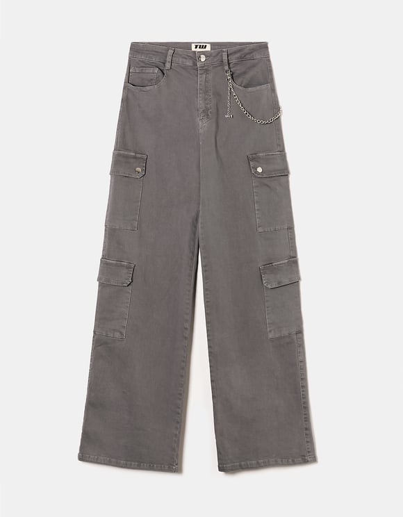 Men's High Waist Grey Straight Leg Cargo Pants-Ghost Front View