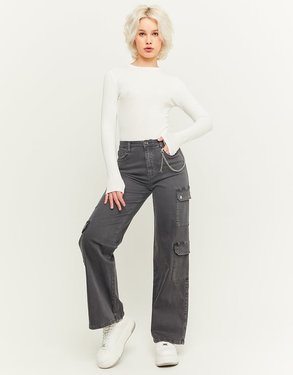 Ladies Straight Grey High Waisted Cargo Pants-Model Full Front View