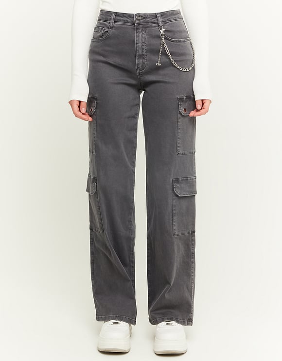 Ladies Straight Grey High Waisted Cargo Pants-Model Front View