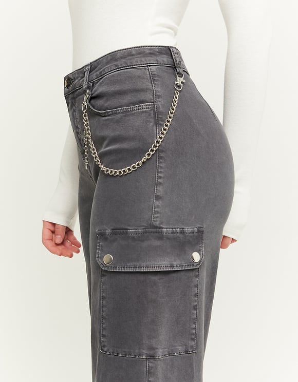 Ladies Straight Grey High Waisted Cargo Pants-Side View
