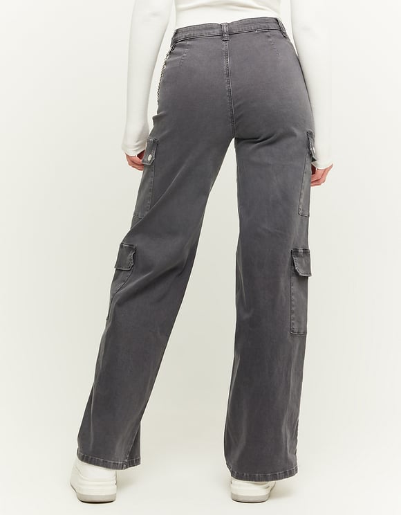 Ladies Straight Grey High Waisted Cargo Pants-Model Back View