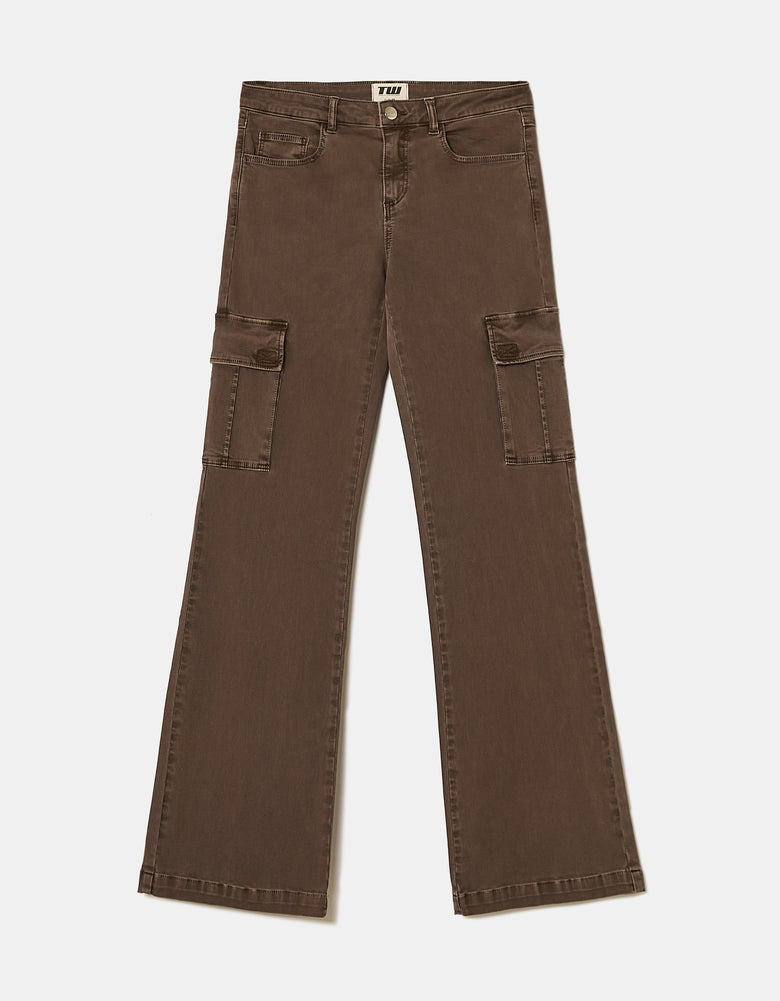 Ladies Brown Bootcut Cargo Trousers-Ghost Front View