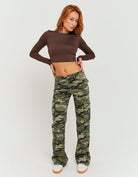 Front model view of the camouflage bootcut cargo trousers