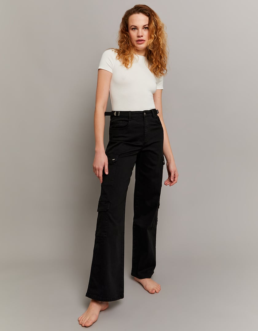 Ladies Black High Waist Wide Leg Trousers-Model Full Front View