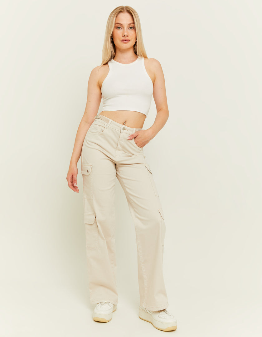 Ladies Off White High Waist Wide Leg Trousers-Model Full Front View