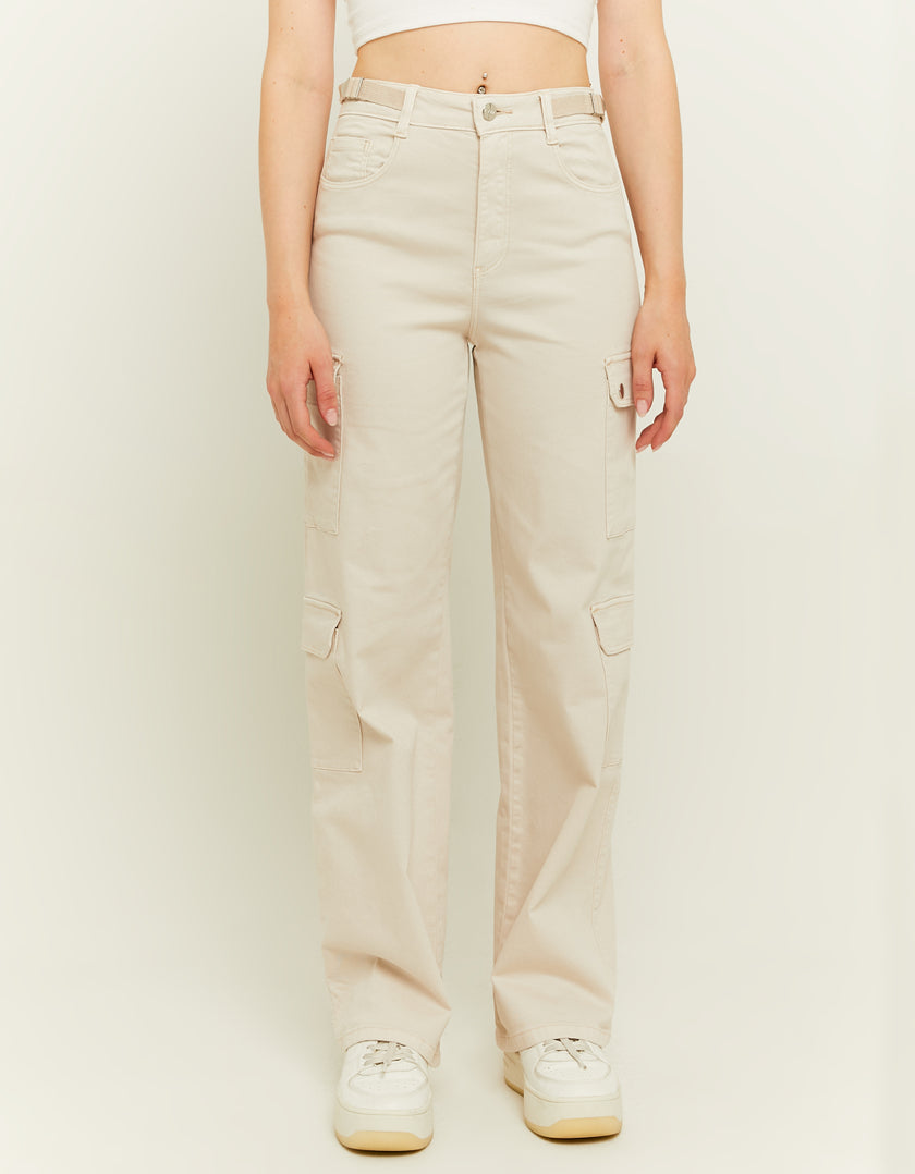 Ladies Off White High Waist Wide Leg Trousers-Model Front View