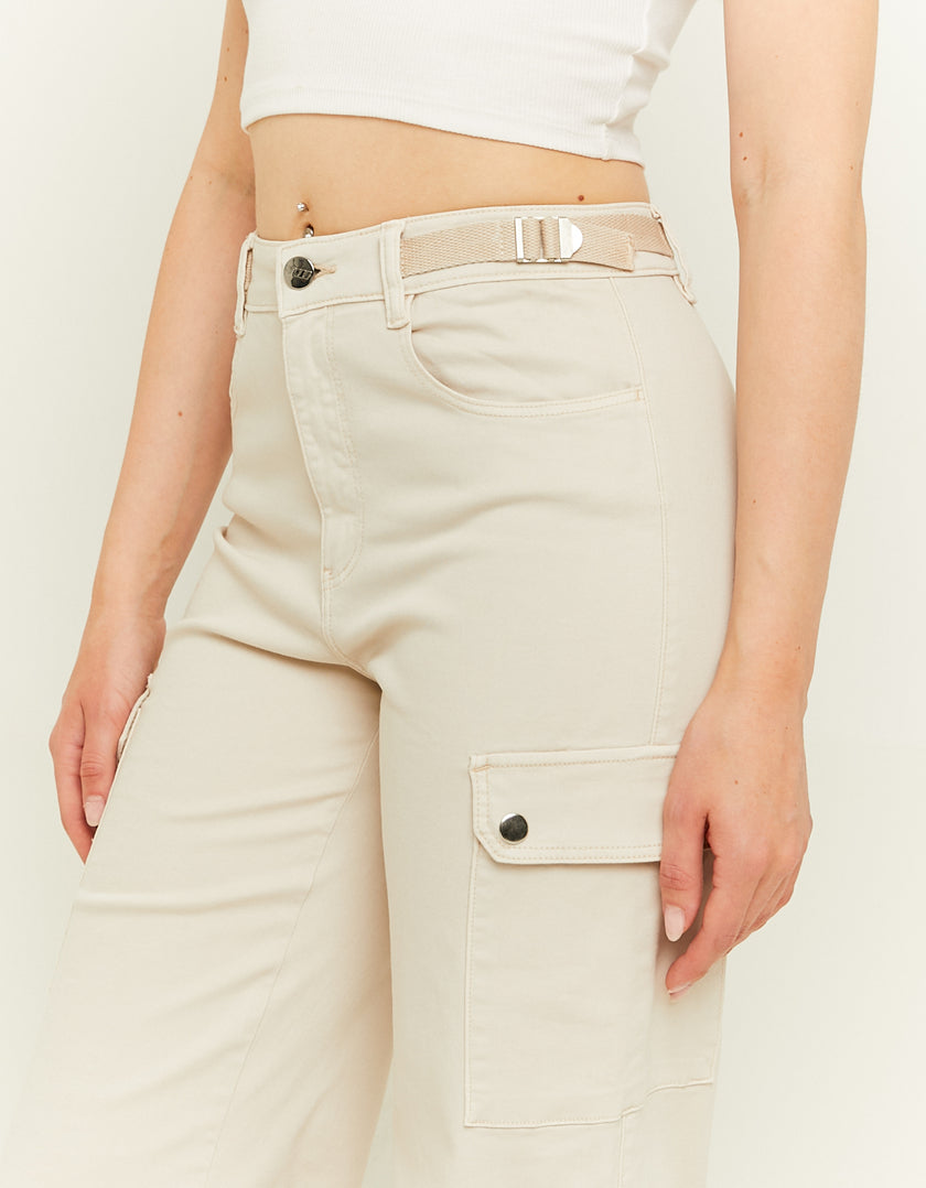 Ladies Off White High Waist Wide Leg Trousers-Waist View