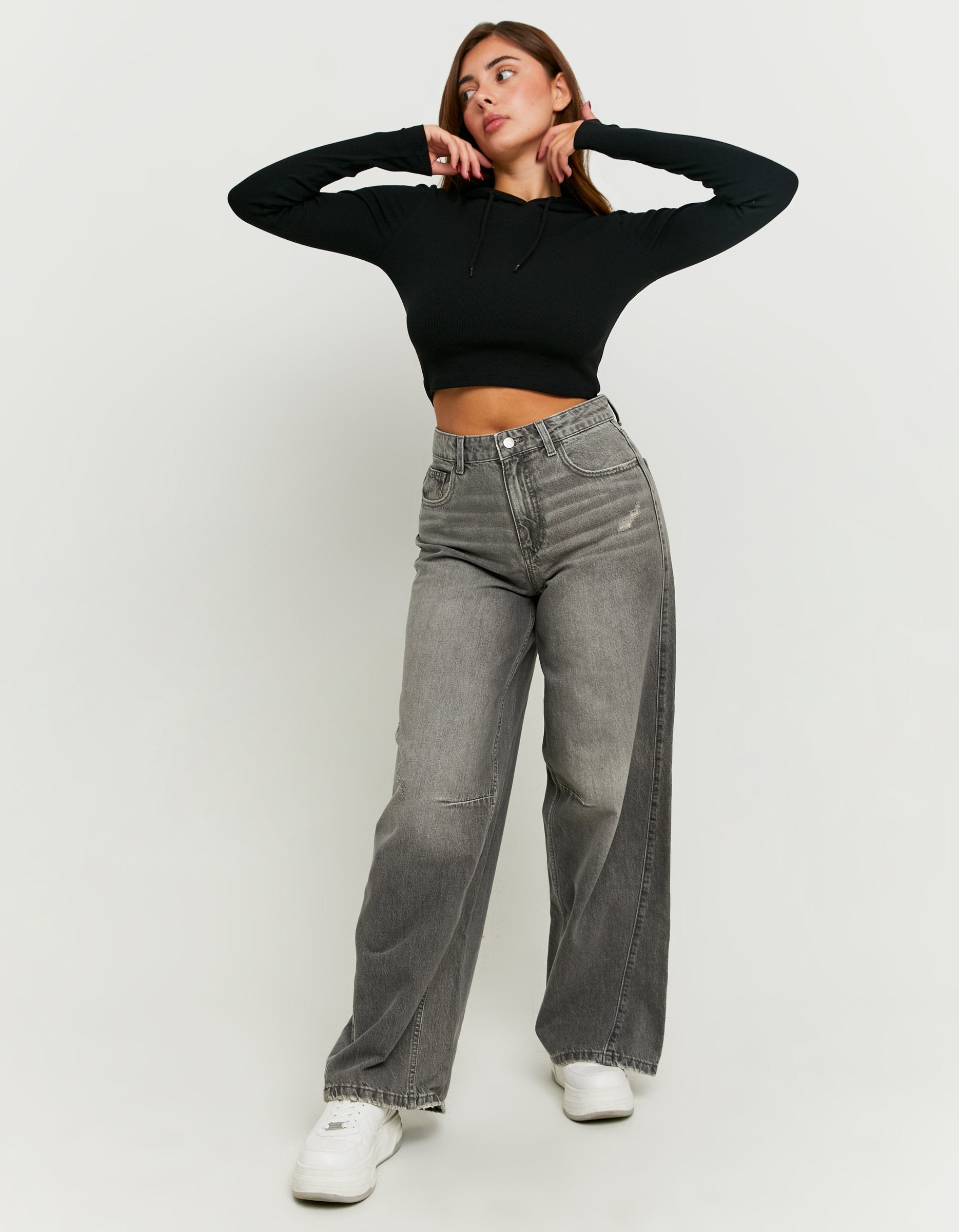 Tally Weijl Mid Waist Grey Skater Jeans Grey model front view
