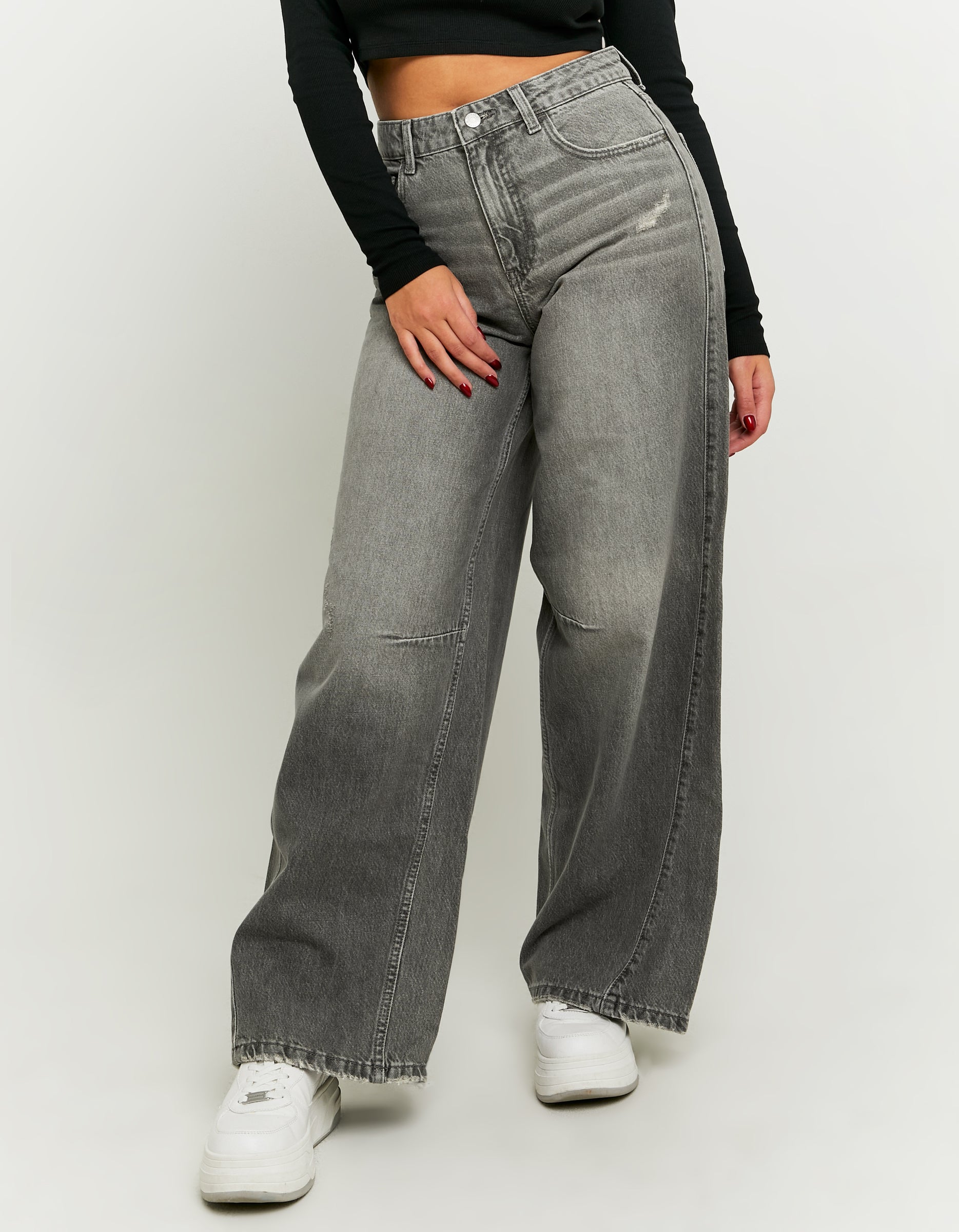 Ladies Mid Waist Grey Skater Jeans-Model Front View