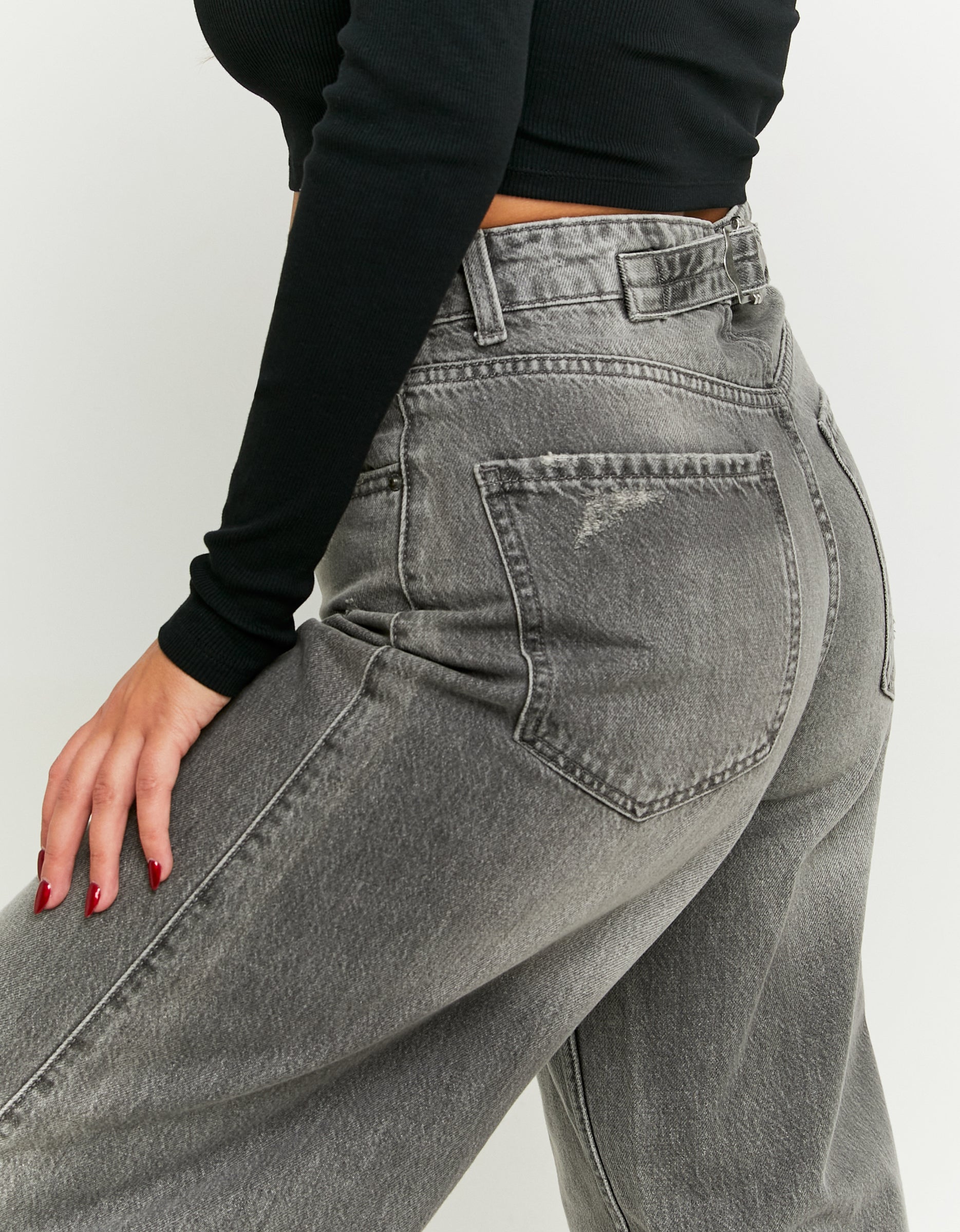 Ladies Mid Waist Grey Skater Jeans-Waist View