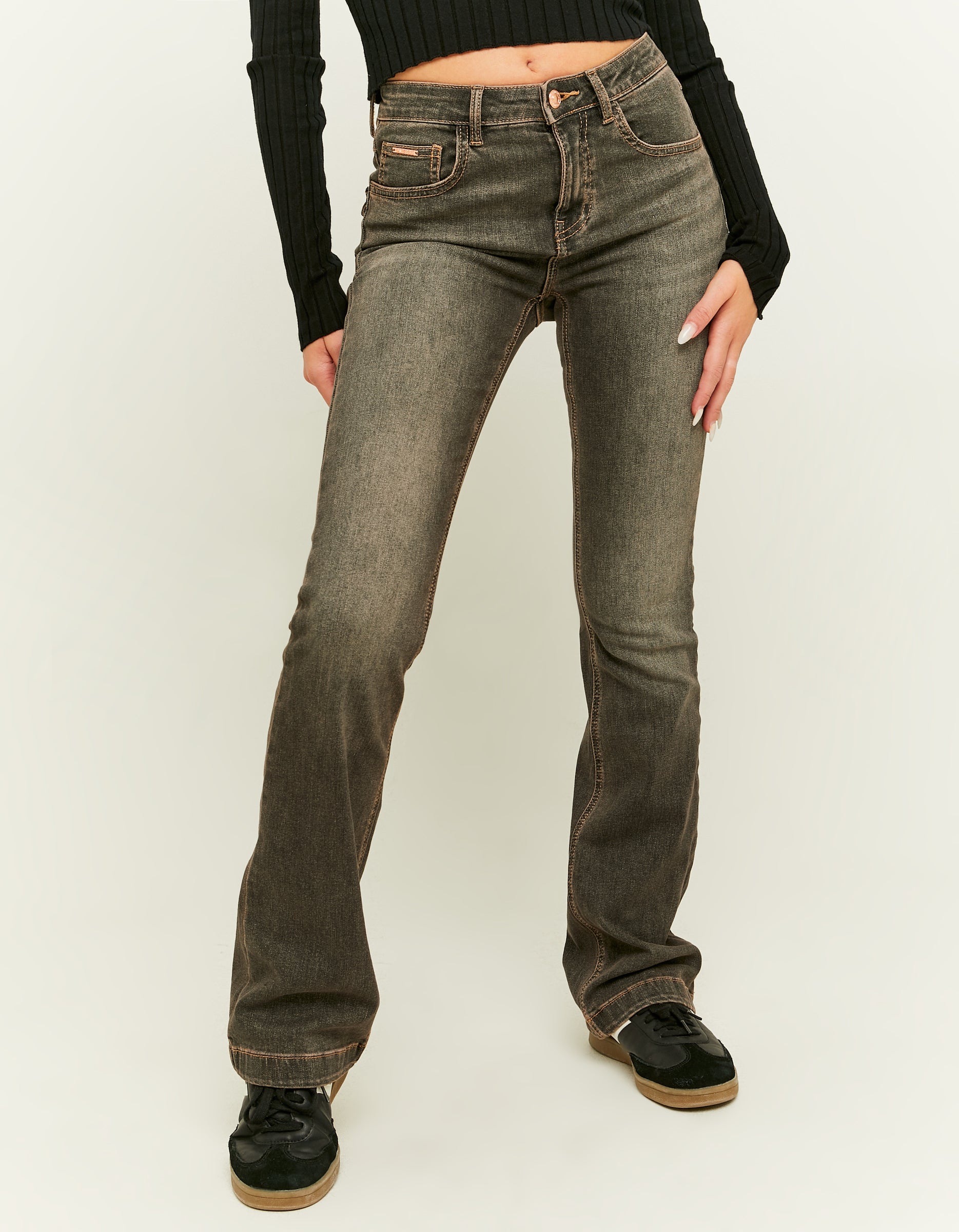 Ladies Mid Waist Black Bootcut Jeans-Model Front View