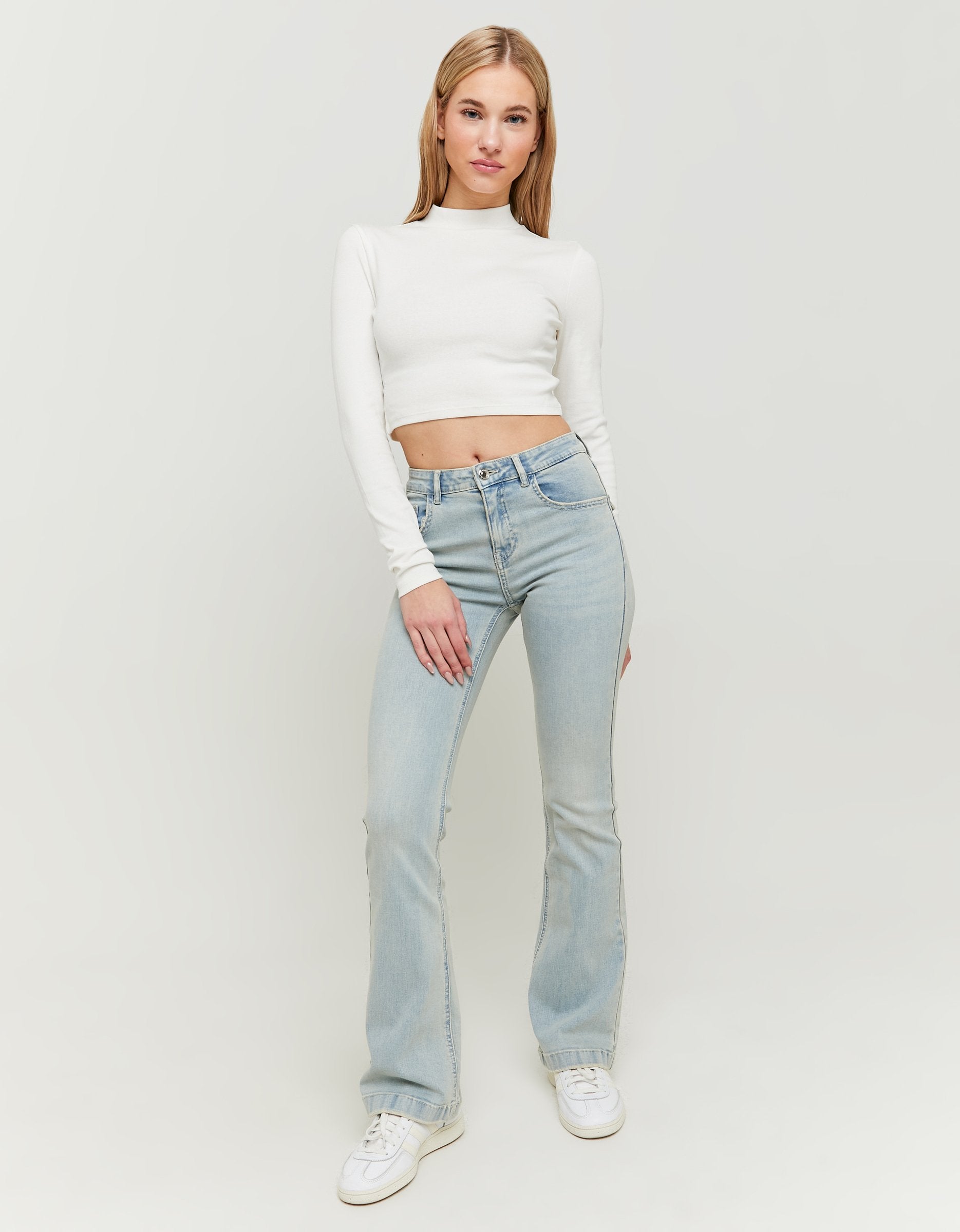 Ladies Mid Waist Blue Bootcut Jeans-Model Full Front View