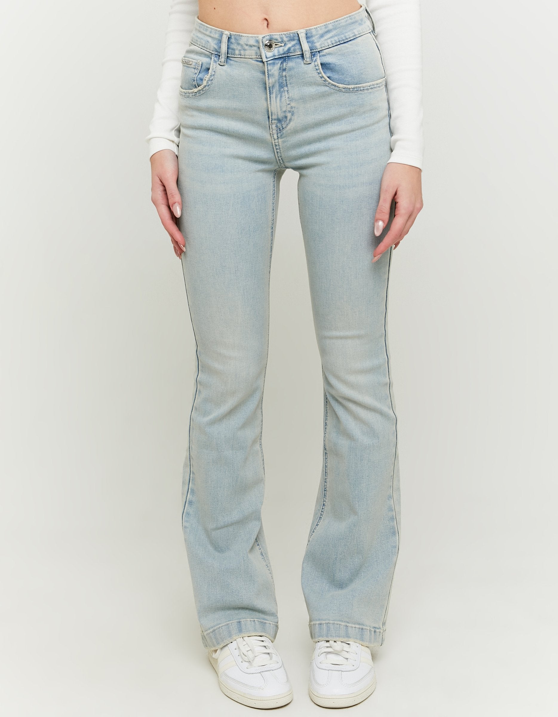 Ladies Mid Waist Blue Bootcut Jeans-Front View