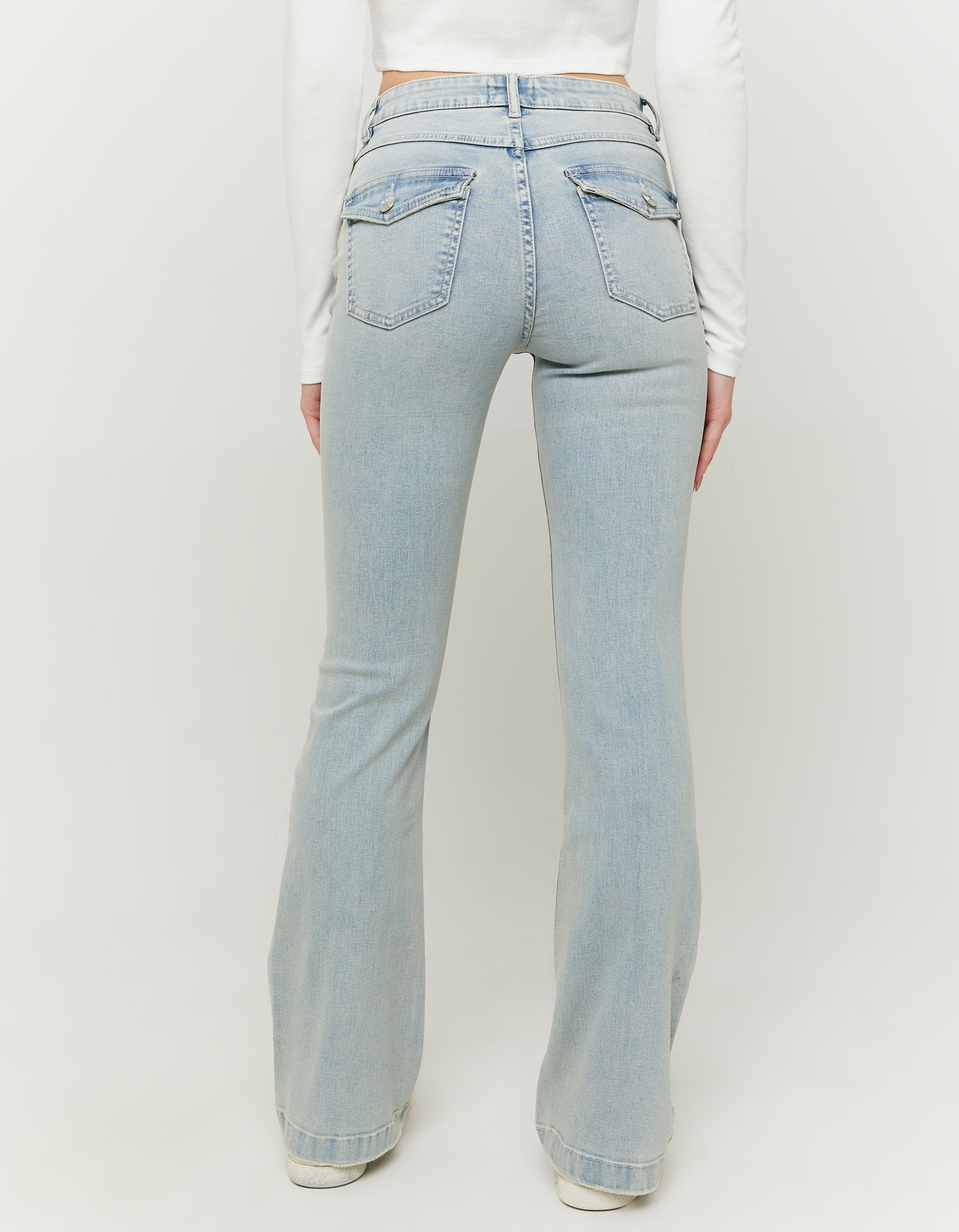 Ladies Mid Waist Blue Bootcut Jeans-Model Back View