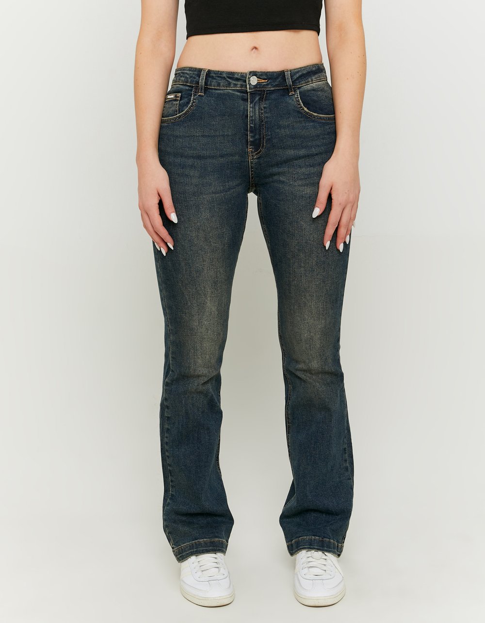 Ladies Mid Waist Bootcut Jeans - Blue-Closer View of Front