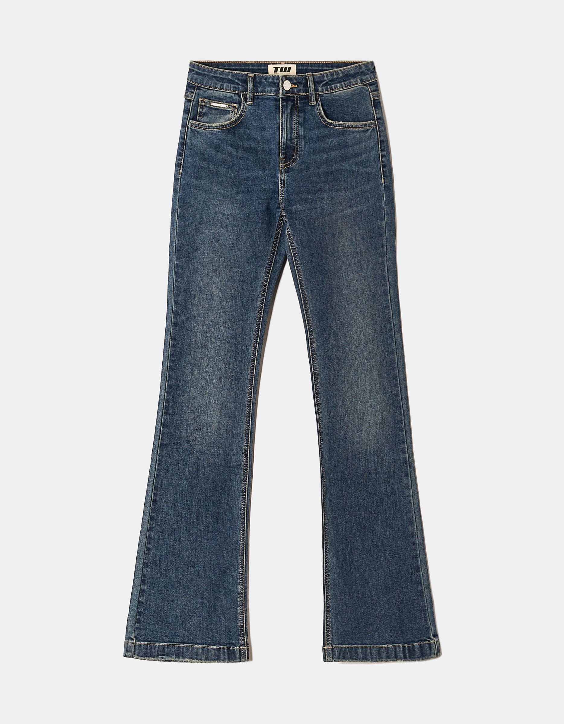 Ladies Blue Mid Waist Bootcut Jeans-Ghost Front View