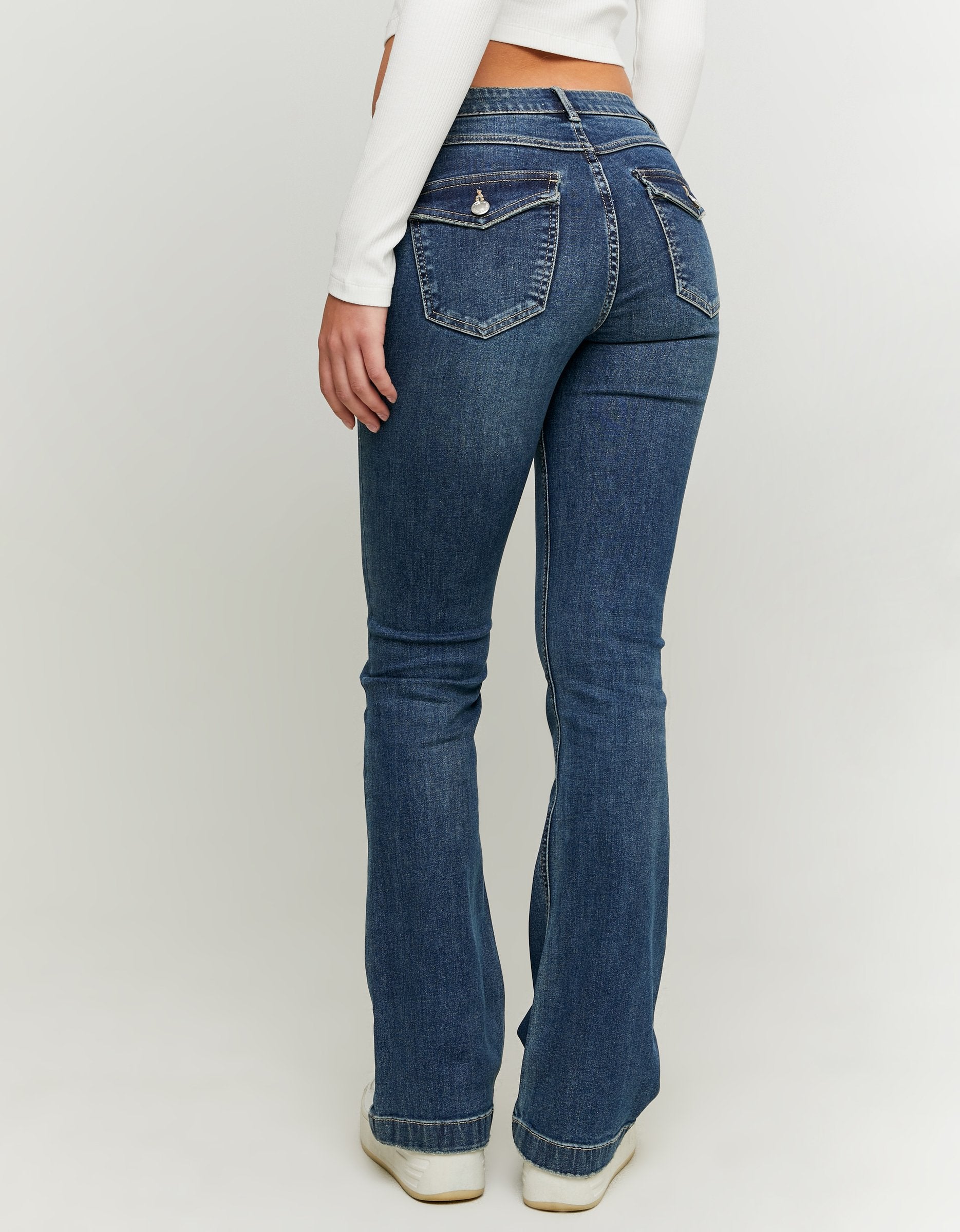 Ladies Blue Mid Waist Bootcut Jeans-Model Back View