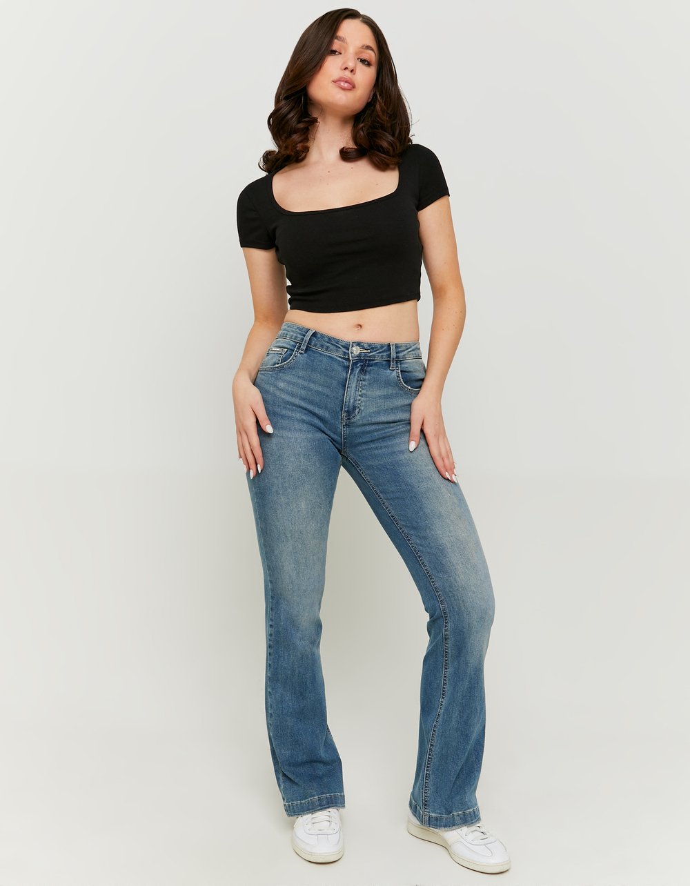 Ladies Blue Bootcut Mid Waist Jeans-Model Full Front View