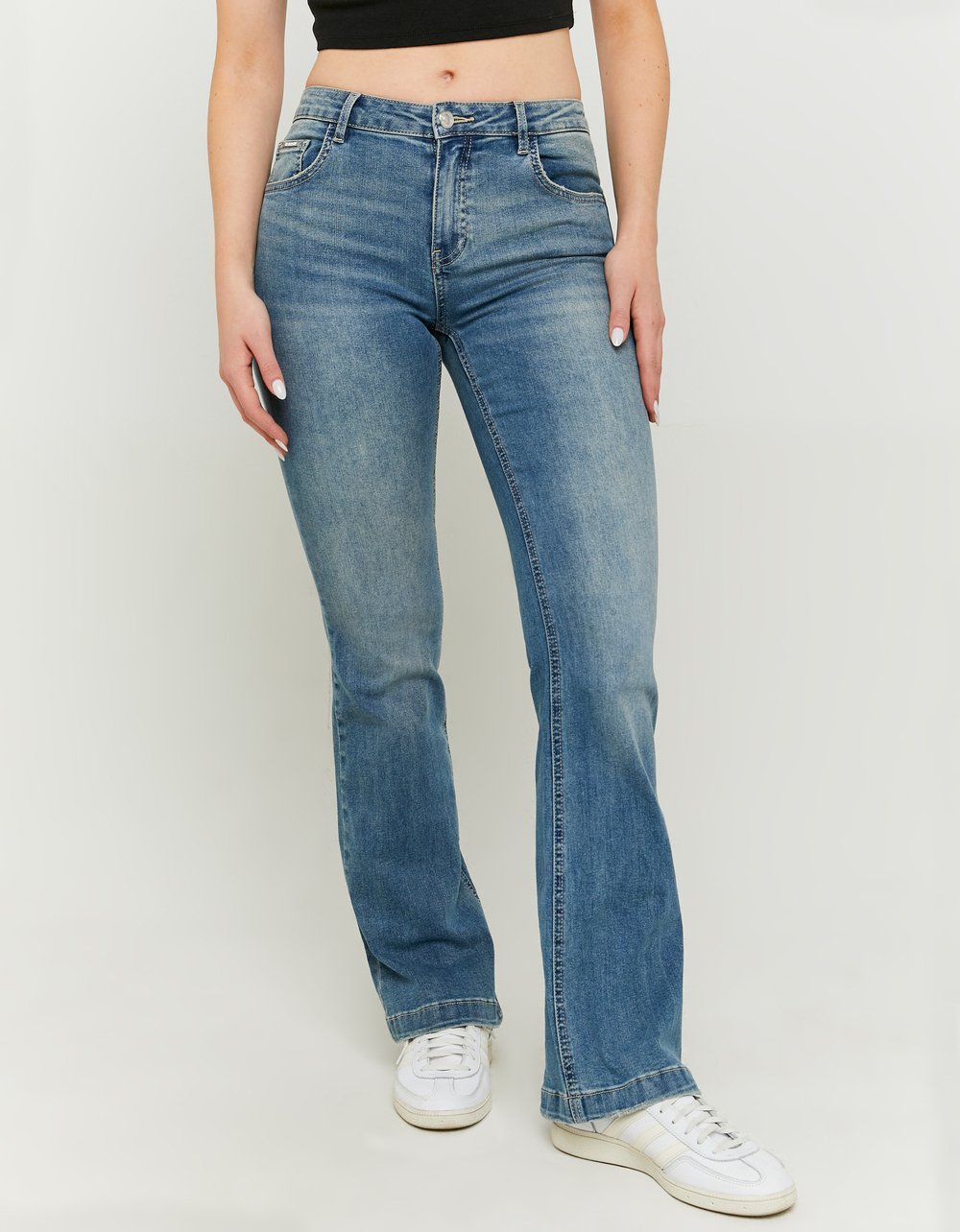 Ladies Blue Bootcut Mid Waist Jeans-Model Front View