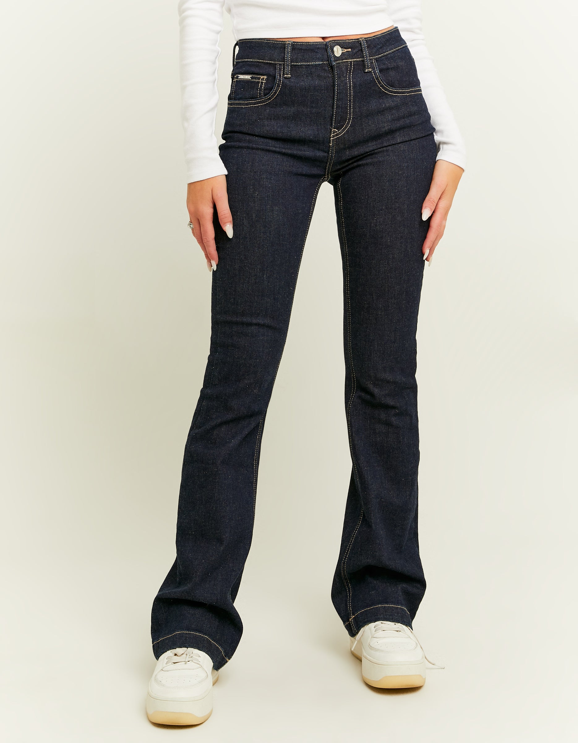 Ladies Mid Waist Bootcut Jeans-Model Front View