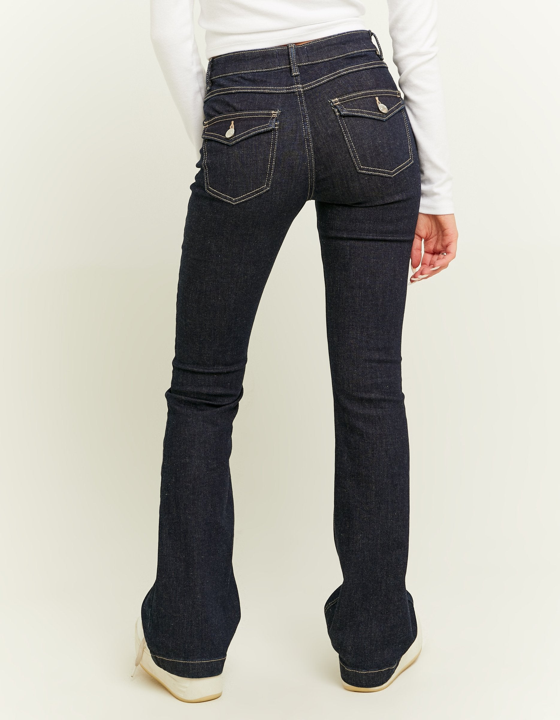 Ladies Mid Waist Bootcut Jeans-Full Model Front View-Back View