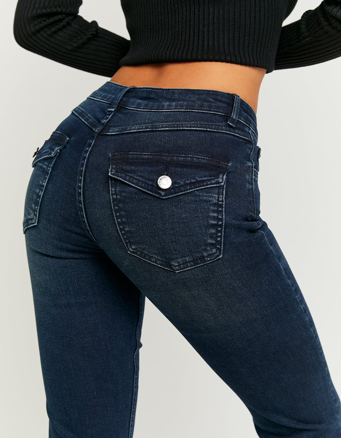 Ladies Mid Waist Bootcut Jeans - Dark Blue-Back Pocket View