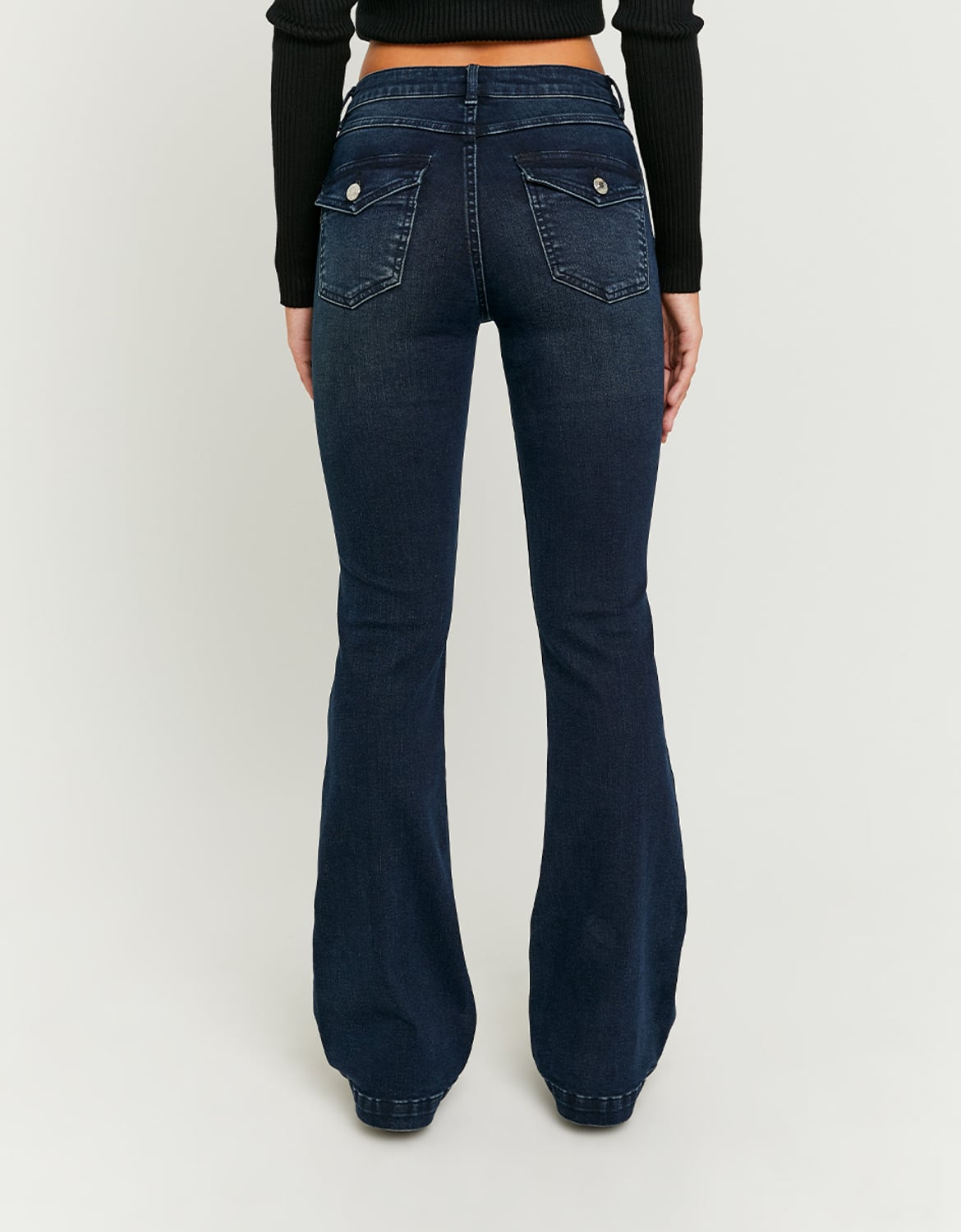 Ladies Mid Waist Bootcut Jeans - Dark Blue-Model Back View