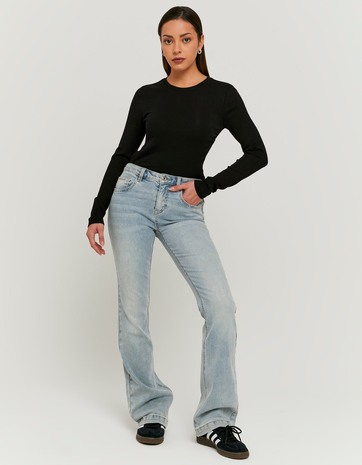 Ladies Bootcut Mid Waist Jeans - Blue-Model Full Front View