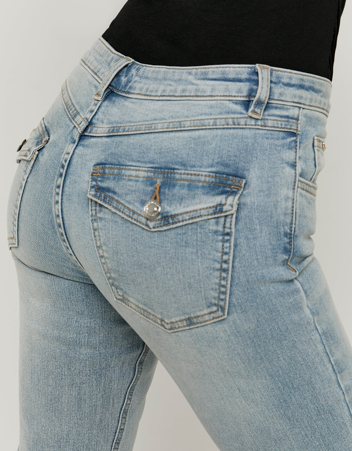 Ladies Bootcut Mid Waist Jeans - Blue-Back Pocket View
