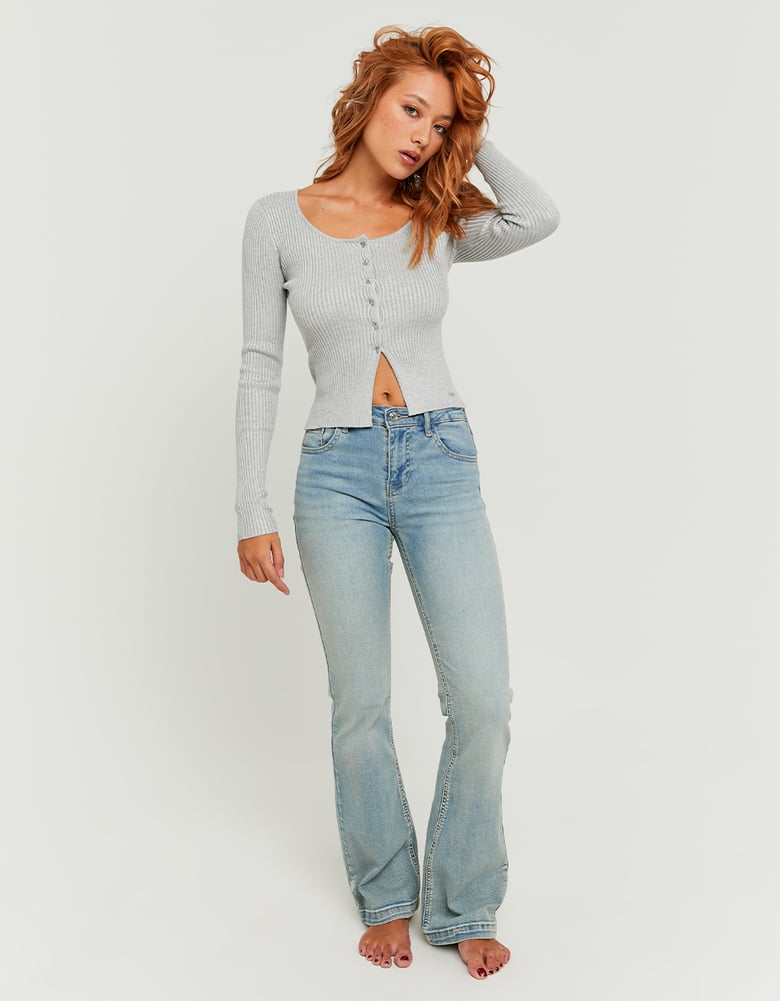 Ladies Mid Waist Bootcut Blue Jeans-Model Full Front View