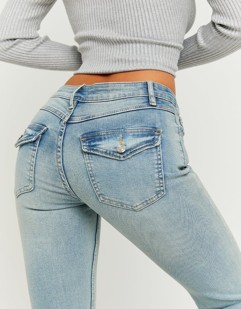 Ladies Mid Waist Bootcut Blue Jeans-Back Pocket View